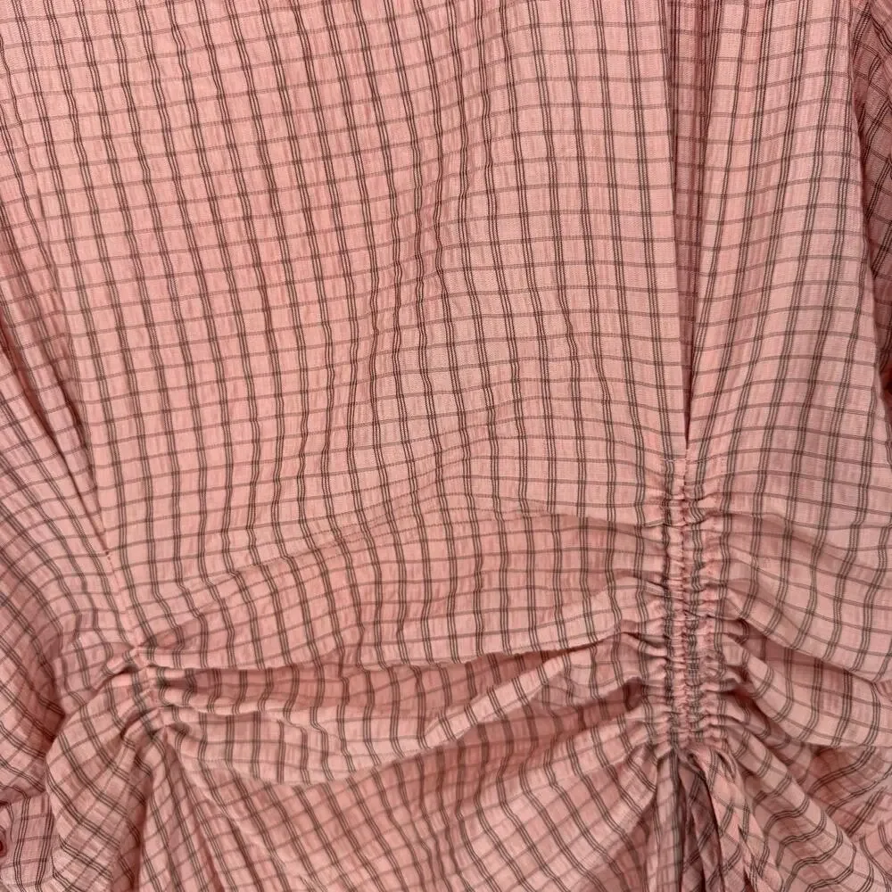 Zara Maxi Dress Micro Plaid Light Pink Puff Sleeve Milk Maid M Boho Tradwife